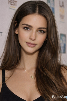 Woman with long brown hair and green eyes wearing a gold necklace