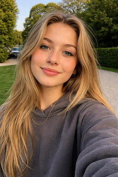 Young woman with long blonde hair wearing a hoodie outdoors
