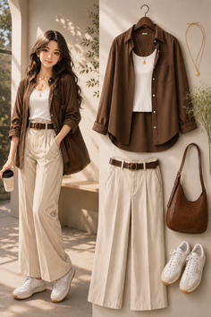 Anime style woman in a brown shirt and wide leg pants with a matching outfit display