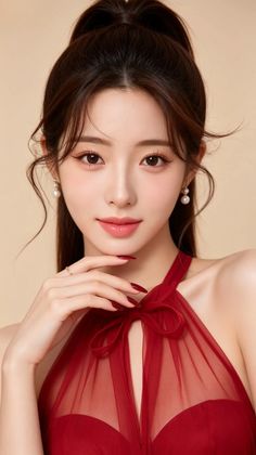 Woman with a ponytail and red dress, wearing pearl earrings and red nail polish