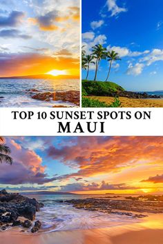 Collage of tropical beach scenes with sunsets and daytime views