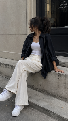 Woman in a black shirt and white pants sitting on concrete steps