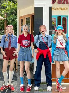 Four women in various casual outfits posing outdoors