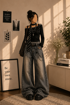 Illustration of a woman in baggy jeans and a long sleeve shirt with layered necklaces