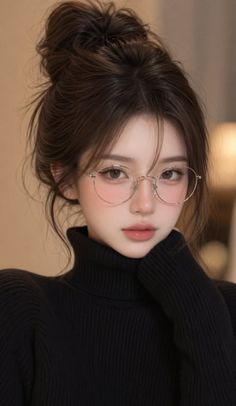 Woman with a messy bun and glasses wearing a black turtleneck