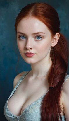 Woman with red hair and blue eyes wearing a lace top, looking at the viewer