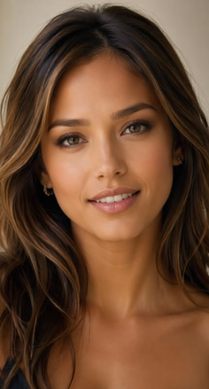 Close-up portrait of a woman with long brown hair and green eyes, smiling softly