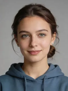 Woman with green eyes and brown hair wearing a blue hoodie