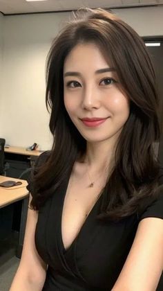 Woman with long dark hair wearing a black dress with cleavage indoors
