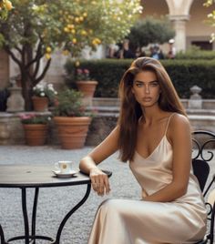 Woman in a slip dress sitting at an outdoor cafe table