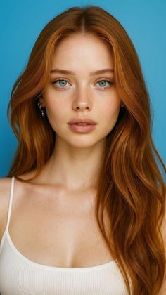 Woman with red hair and blue eyes wearing a white tank top against a blue background