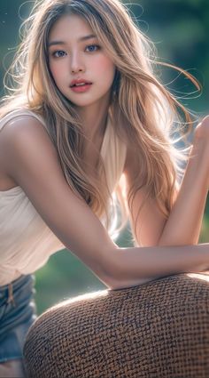 Woman with long blonde hair and blue eyes in soft outdoor lighting