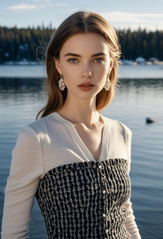 Woman with long hair and earrings standing by a lake with a forest in the background