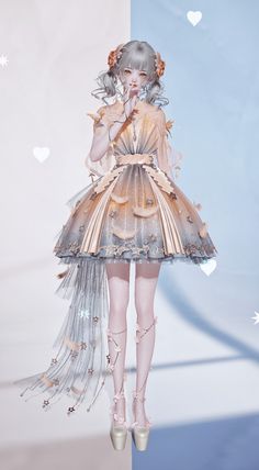 3D render of a girl in an elaborate fantasy dress with pigtails and silver hair