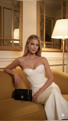 Woman in a white strapless dress sitting on a yellow couch indoors