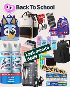 A collage of back to school items including backpacks, school supplies, and cleaning products