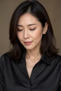 Woman with dark medium-length hair wearing a black shirt and earrings