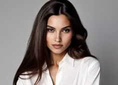 Woman with long dark hair wearing a white shirt in a studio portrait