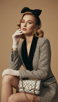 Woman with blonde hair and a black bow wearing a tweed jacket and white gloves