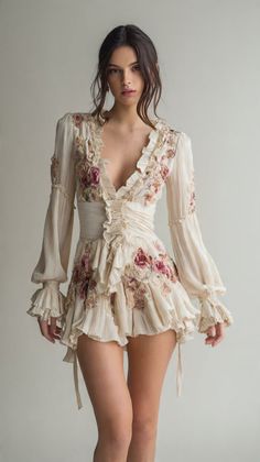 Woman in a ruffled floral dress with a deep V-neck and long sleeves