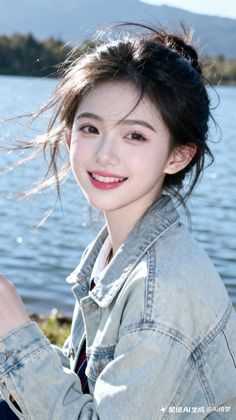 Young woman in a denim jacket smiling by a lake