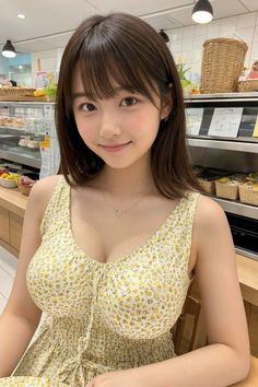 Woman in a yellow floral dress with cleavage visible in a bakery setting