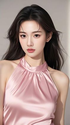 Woman with long dark hair wearing a pink halter neck top