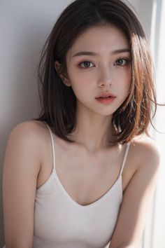 Woman with short brown hair wearing a white tank top in soft natural light