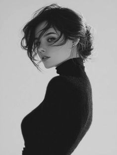 Woman with dark, short hair wearing a black turtleneck in a black and white portrait