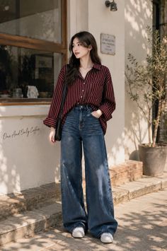 Woman in a striped shirt and wide leg jeans standing outdoors