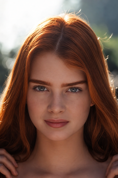 Woman with red hair and blue eyes in a sunlit outdoor portrait