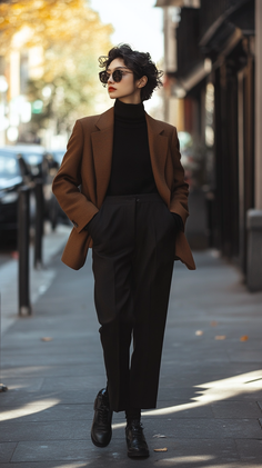 Woman with short curly hair and sunglasses wearing a brown blazer and black turtleneck