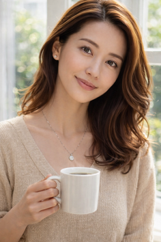 Woman with long wavy hair holding a white mug indoors with soft lighting