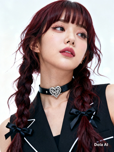 Woman with red braided hair and a heart choker looking to the side
