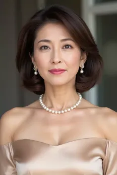Woman with short hair wearing a pearl necklace and off-shoulder dress