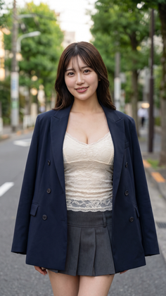 Woman in a navy blazer and lace top with a pleated skirt on a street