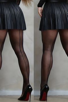 Woman in a black pleated skirt, seamed stockings, and high heels