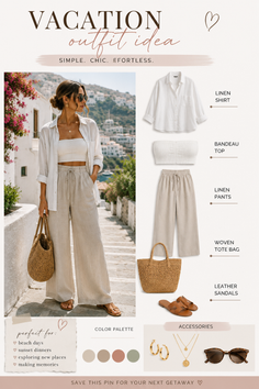 Woman in a linen outfit with a woven tote bag and sandals on a sunny street