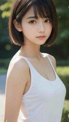 Woman with short hair wearing a white tank top outdoors