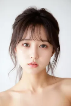 Woman with dark hair and bangs, exposed shoulders, looking directly at the viewer