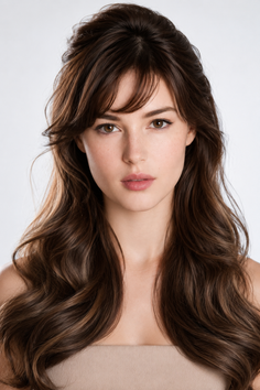 Woman with long wavy brown hair in a studio portrait