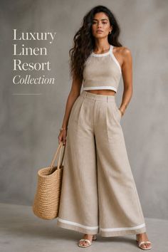 Woman in a linen crop top and wide-leg pants holding a straw bag