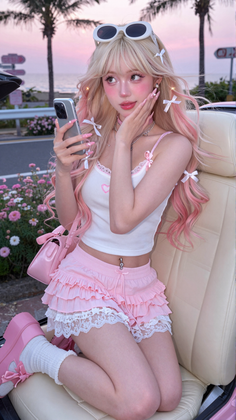 Woman with pink hair and a crop top taking a selfie at sunset