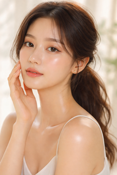 Woman with long hair in a white top, touching her face with soft lighting