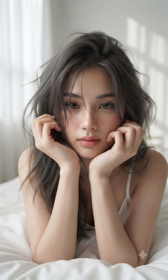 Woman with messy long hair in a white tank top, resting on a bed