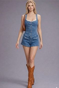 Woman in a denim romper and cowboy boots with a braided hairstyle