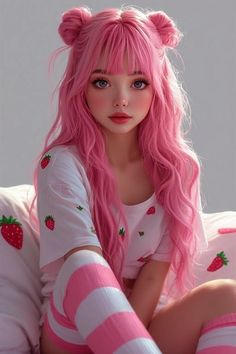 Woman with pink hair in space buns and a strawberry print top