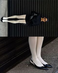 Person in a black outfit with white tights and sunglasses standing outdoors