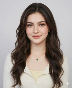 Woman with long brown hair and freckles wearing an emerald necklace