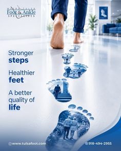 Bare feet walking on a clean floor with footprints containing images of people